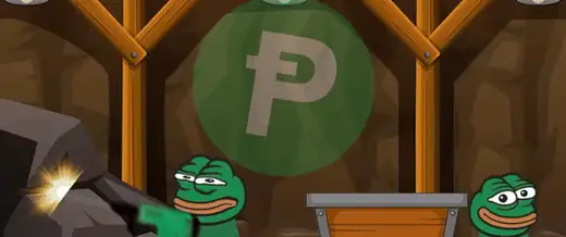 Pepe frogs mining a giant Pepecoin in a mine