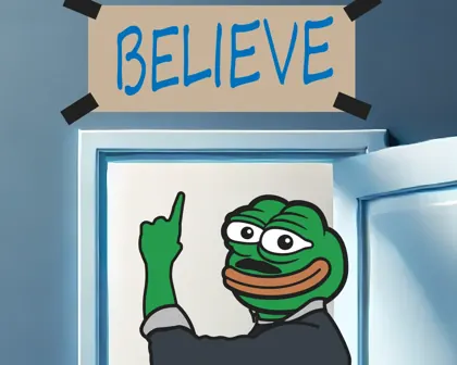 Pepe pointing up at a sign that says Believe