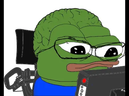 Big-brain Pepe at a computer