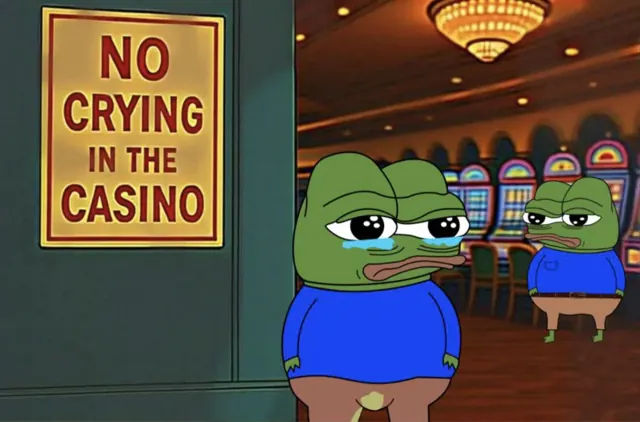 Crying Pepe under a sign: no crying in the casino