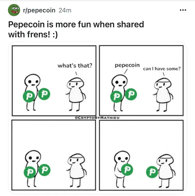 Four-panel comic: what's that? pepecoin. can I have some? Then one stick figure hands the other a PEP coin