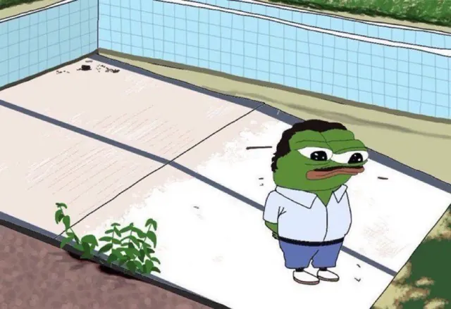 Pepe standing alone in an empty swimming pool