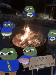 Pepe sitting by a campfire with a FREN sign