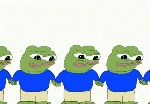 A row of Pepes holding hands