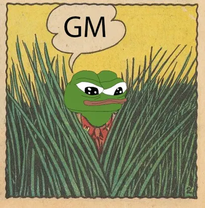 Comic panel: Pepe in tall grass says GM