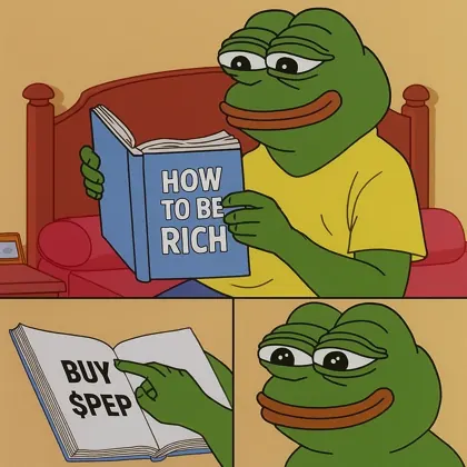 Pepe reading a book called How to be rich; the page says buy $PEP