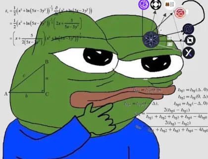 Pepe thinking in front of formulas and coin logos
