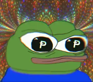 Pepe with spinning P coins for eyes