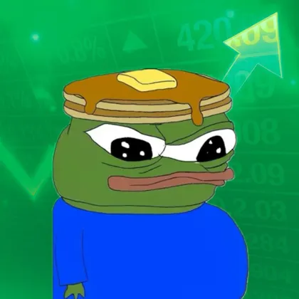 Pepe with a stack of pancakes on his head