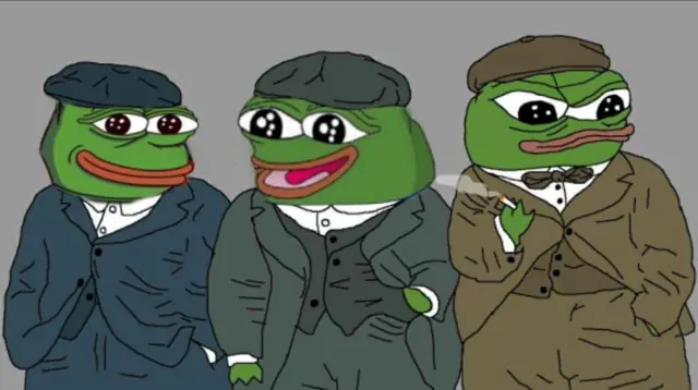 Three Pepes in flat caps and suits