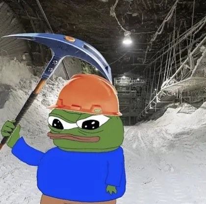 Pepe in a hard hat with a pickaxe in a mine