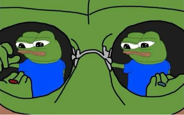 Pepe holding out a red pill and a blue pill, reflected in his glasses