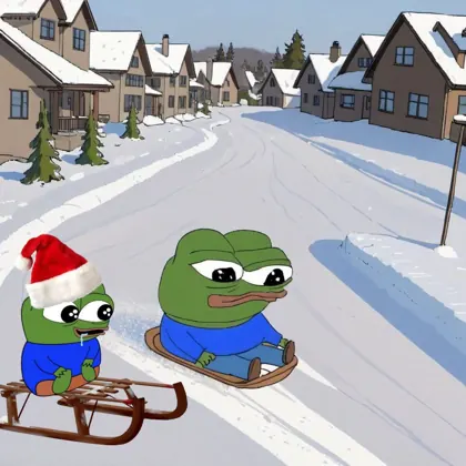 Two Pepes sledding down a snowy street