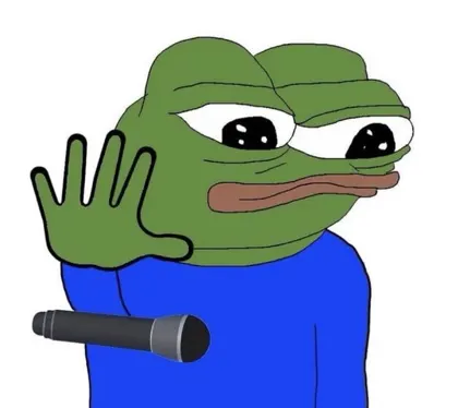 Pepe raising a hand at a microphone