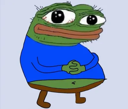 Tired Pepe with bloodshot eyes holding his belly
